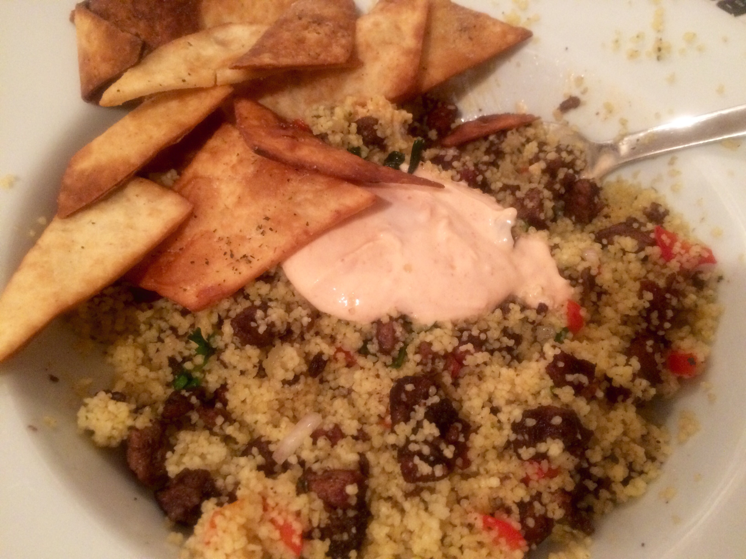 Lamb and chorizo cous cous, Harissa yoghurt and leftover wrap chips 